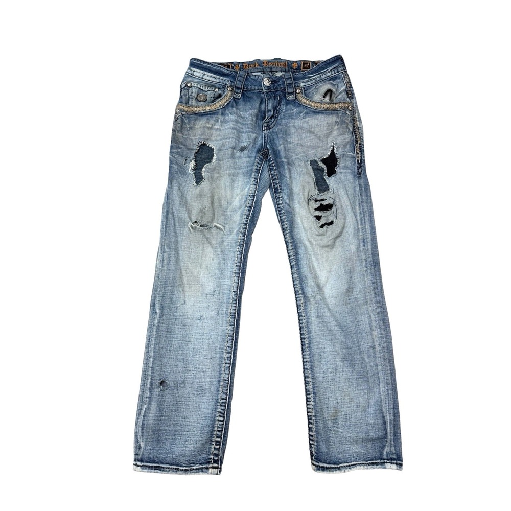 Rock Revival Rexford Slim Straight Jeans Size 31 Distressed Patchwork Y2K